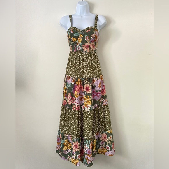 Bog Collective Dresses & Skirts - Olive Green Floral Maxi Dress with Tiered Skirt
